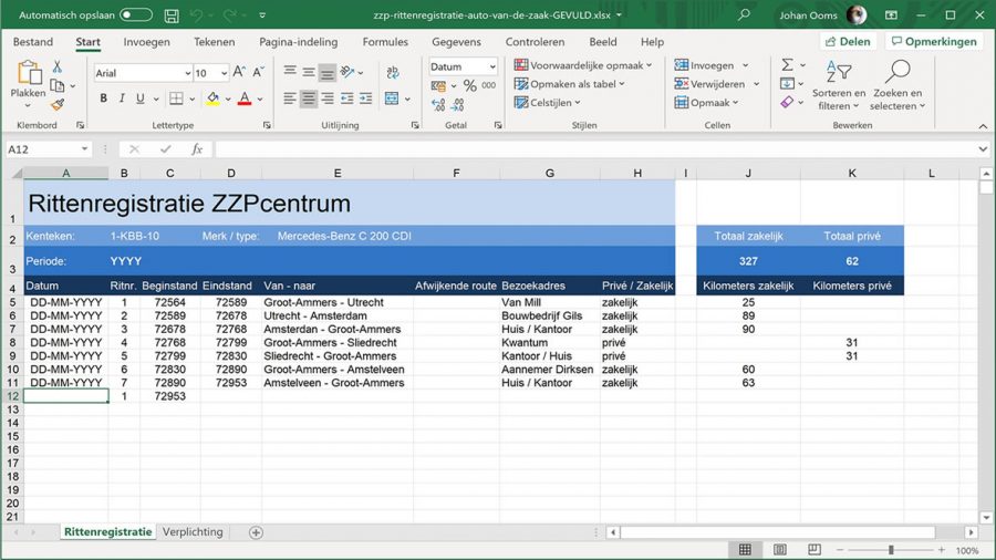 Download gratis voorbeeld Excel rittenregistratie